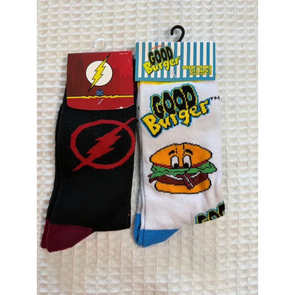 Bioworld Crew Socks Mens 6-12 Multicolor Flash & Good Burger 2 Pair Bundle NWT